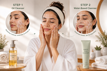 Woman using an oil cleanser as the first step of a double cleansing skincare routine