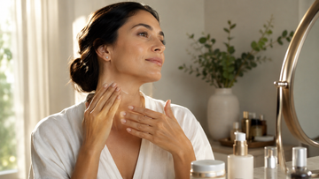 Woman applying skincare to her neck while moisturizing her hands in a natural daily beauty routine