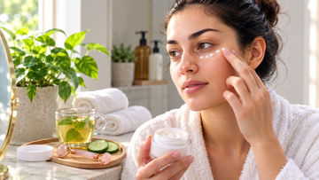 Under-Eye Care 101: Woman applying eye cream in front of a mirror with healthy glowing skin, demonstrating a daily skincare routine to reduce puffiness and dark circles naturally.