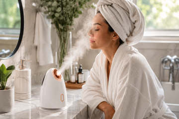Woman using a facial steamer in a bright modern bathroom with natural steam gently cleansing her face during a relaxing at-home skincare routine.