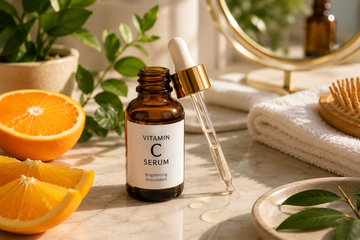Amber glass vitamin C serum bottle with dropper placed on a wooden vanity beside fresh oranges in natural morning light, representing a daily skincare routine.