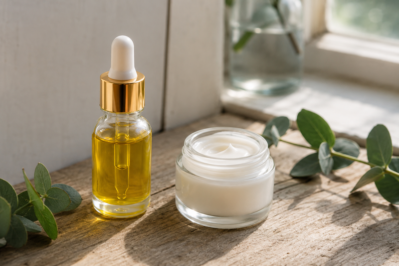 Woman following a natural skincare routine with face oil and moisturizer in a bright, naturally lit bathroom, demonstrating healthy daily skin hydration.