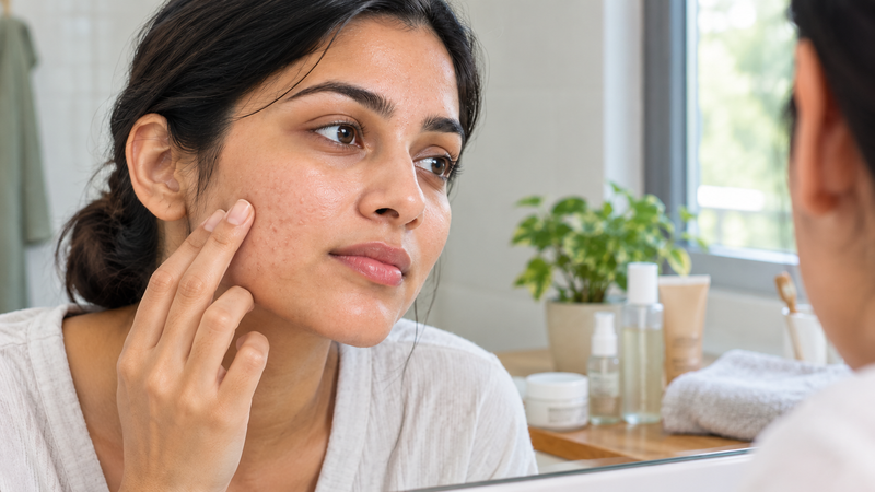Woman with closed comedones on her cheek