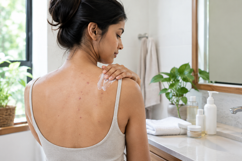 Body acne skincare routine with acne treatment products and gentle body care.