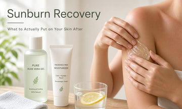 Woman gently applying soothing moisturizer to sun-exposed skin after sunburn