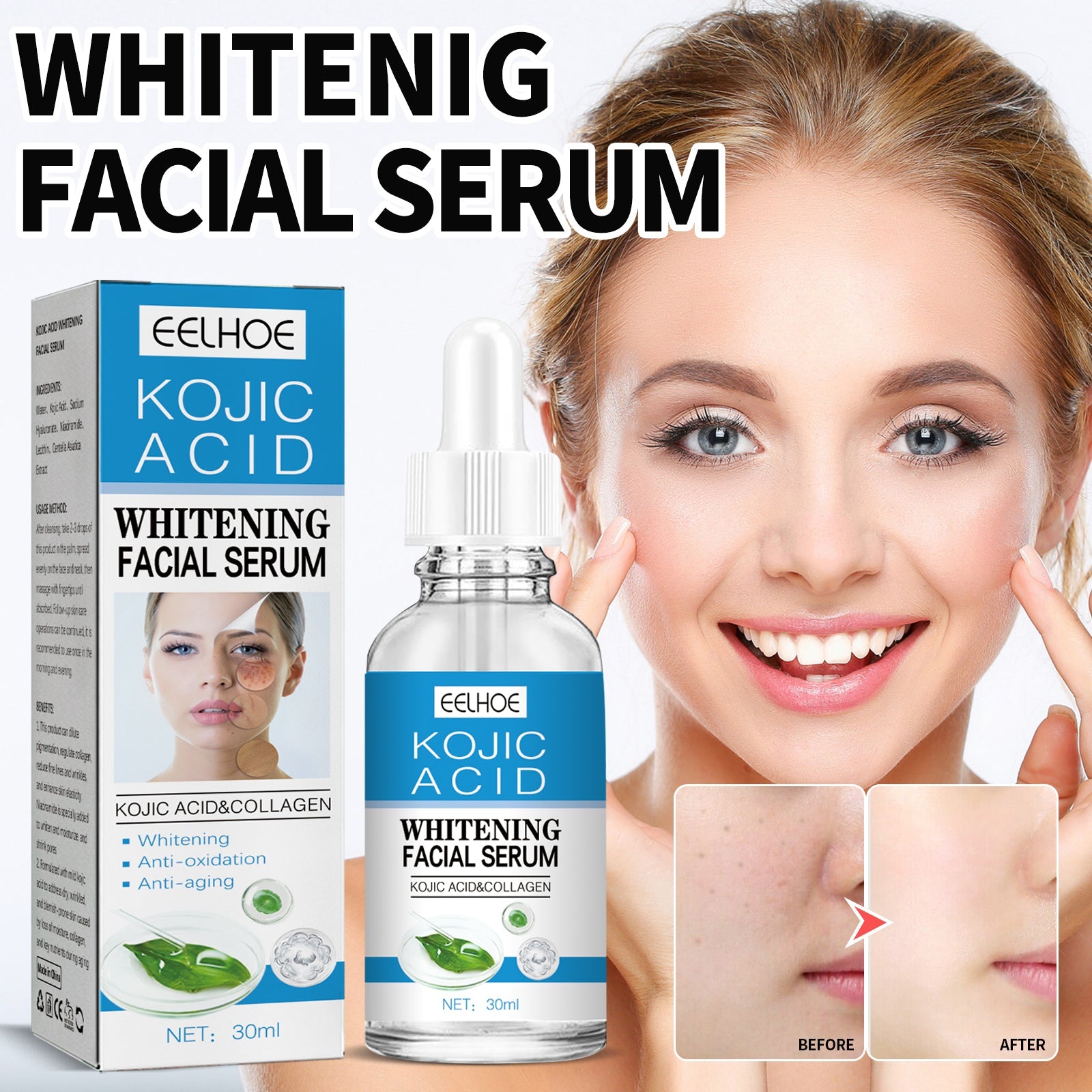 EELHOE Kojic Acid Whitening Facial Essence, Facial Firming And Nourishing Skin Care Moisturizes Skin And Lightens Fine Lines And Spots
