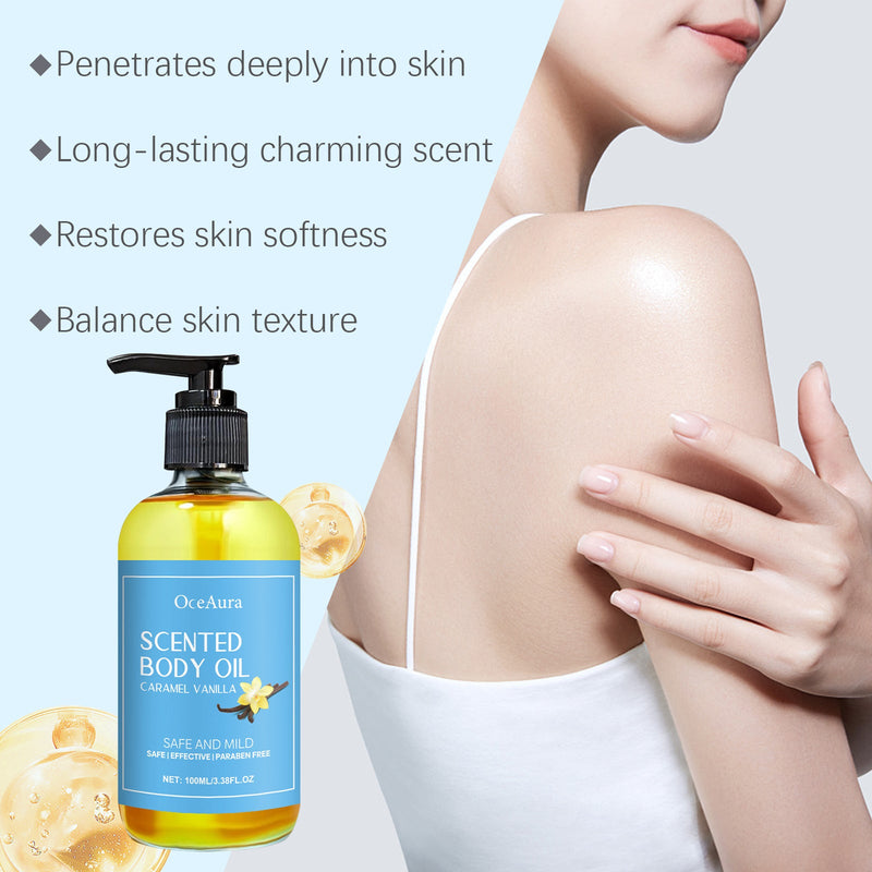 Caramel Vanilla Body Oil Hydrates Hydrating Skin Care Soothing Nourishing Skin Massage Oil