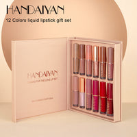 HANDAIYAN 12 Color Book Lip Gloss Set Liquid Lipstick Set Matte Pearlescent Non-Stick Cup Lip Glaze