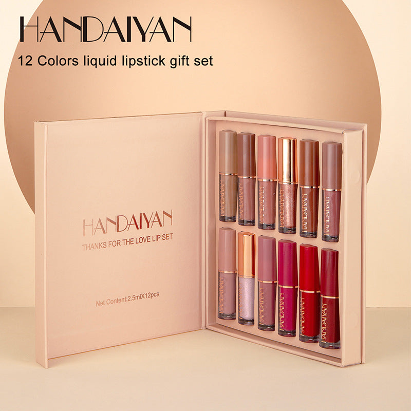 HANDAIYAN 12 Color Book Lip Gloss Set Liquid Lipstick Set Matte Pearlescent Non-Stick Cup Lip Glaze