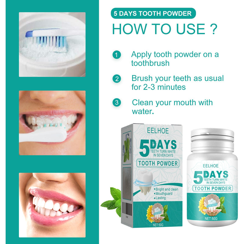 EELHOE 5 Day Whitening Tooth Powder, Clean Teeth Remove Dirt Plaque Fresh Mouth Clean Teeth Powder