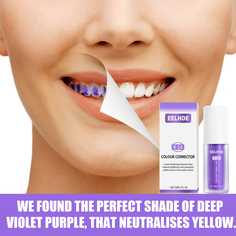 EELHOE V34 Colour Corrector, Mouth Shine White Clean Stains Shine White Teeth Purple Toothpaste