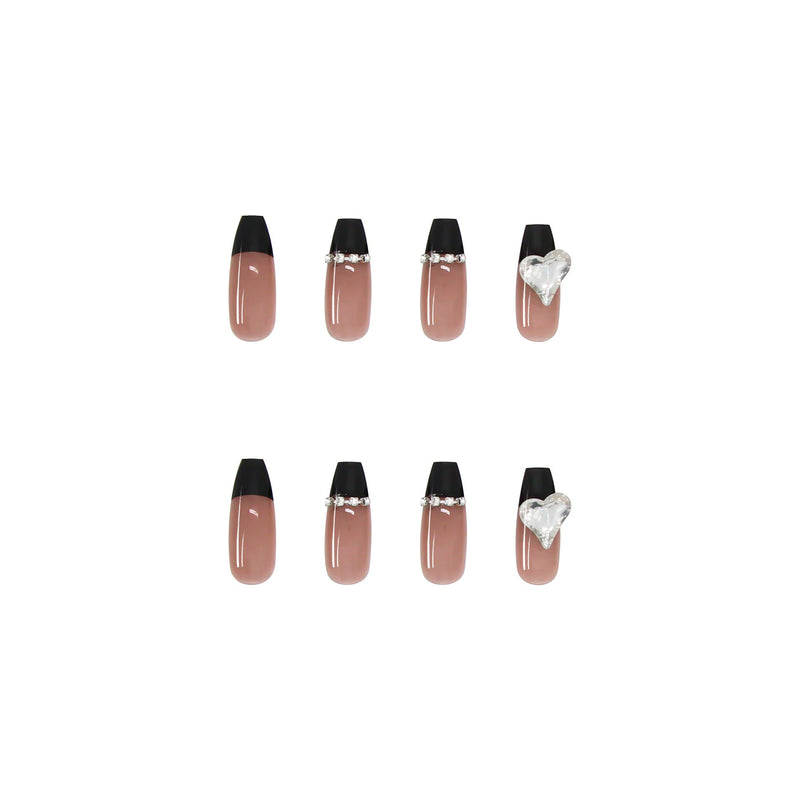 Black French Long Wearing Nail Rhinestone Love Chain Removable Fake Nail Nail Piece Nail Sticker Manicure Nail