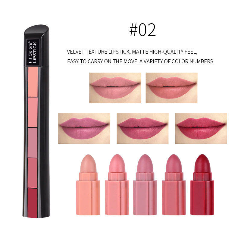 Fit Colors Matte 5-Color Lipstick Combination 5 Matte Velvet Color Non-Stick Cup Lip Gloss Lipstick