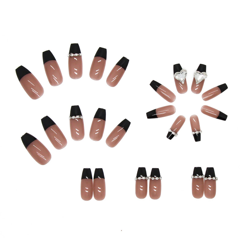 Black French Long Wearing Nail Rhinestone Love Chain Removable Fake Nail Nail Piece Nail Sticker Manicure Nail
