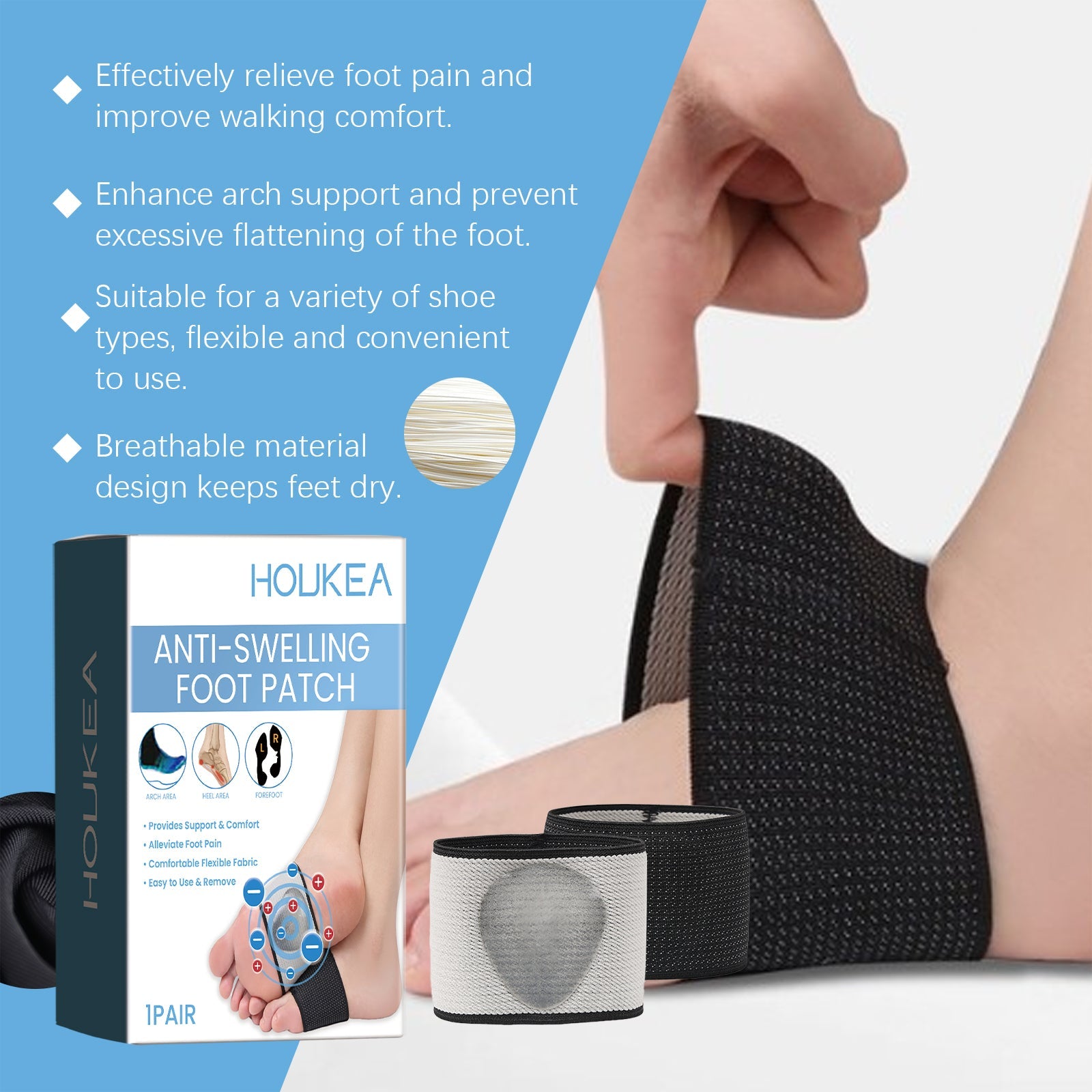HOUKEA Anti-Swelling Foot Patch, Comfortable Support Wear Resistant Non-Slip Unisex Postural Corrective Foot Care Insoles