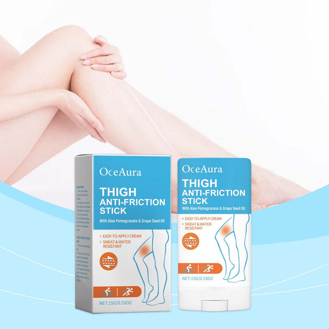 OceAura Thigh Anti-Chafing Stick with Aloe, Pomegranate & Grape Seed Oil - Anti-Friction Balm, Sweat & Water Resistant, 15g