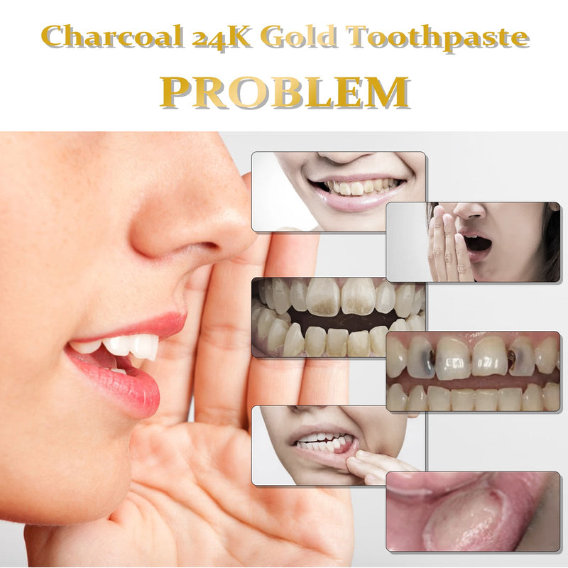 EELHOE Charcoal 24k Gold Toothpaste, Deep Clean Stained Teeth Yellow Care Mouth Fresh Breath White Beautiful Teeth