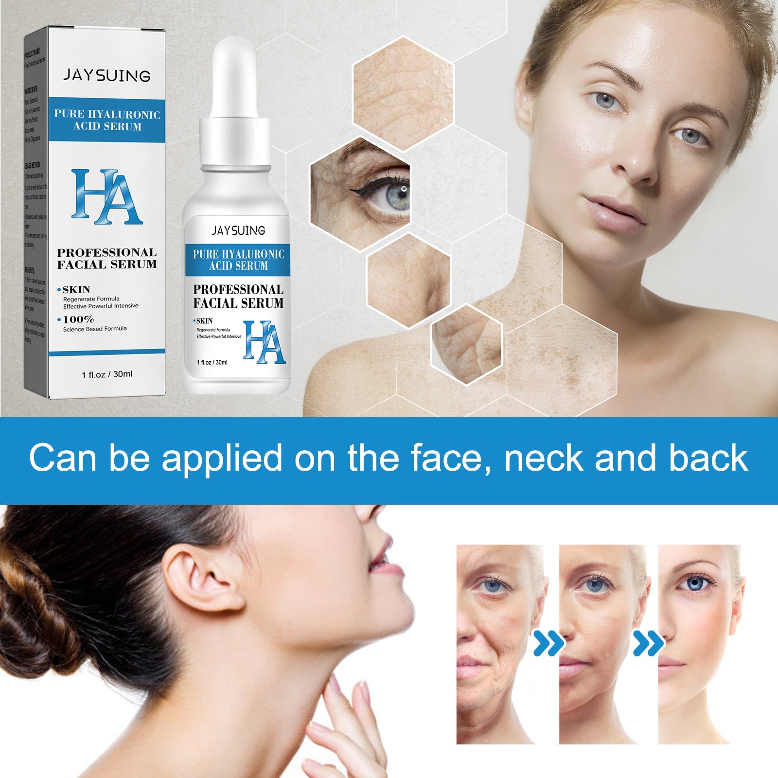 Jayswing Pure Hyaluronic Acid Facial Essence, Moisturizing Shrinking Pores Smoothing Fine Lines Essence