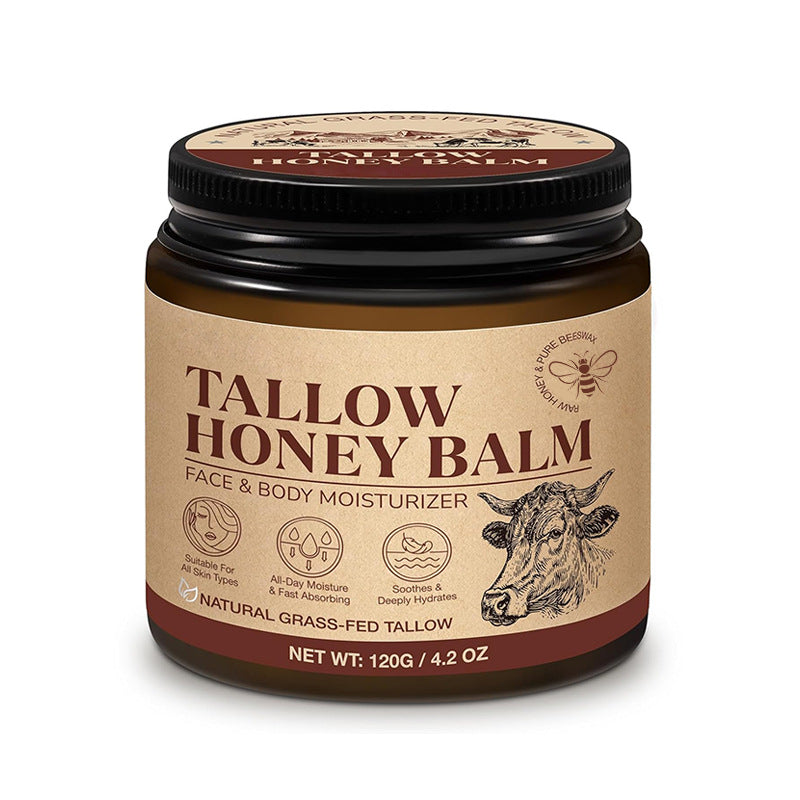 Jar of tallow honey balm with a brown label on a white background