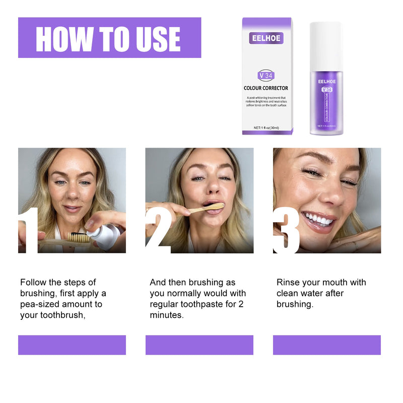EELHOE V34 Colour Corrector, Mouth Shine White Clean Stains Shine White Teeth Purple Toothpaste