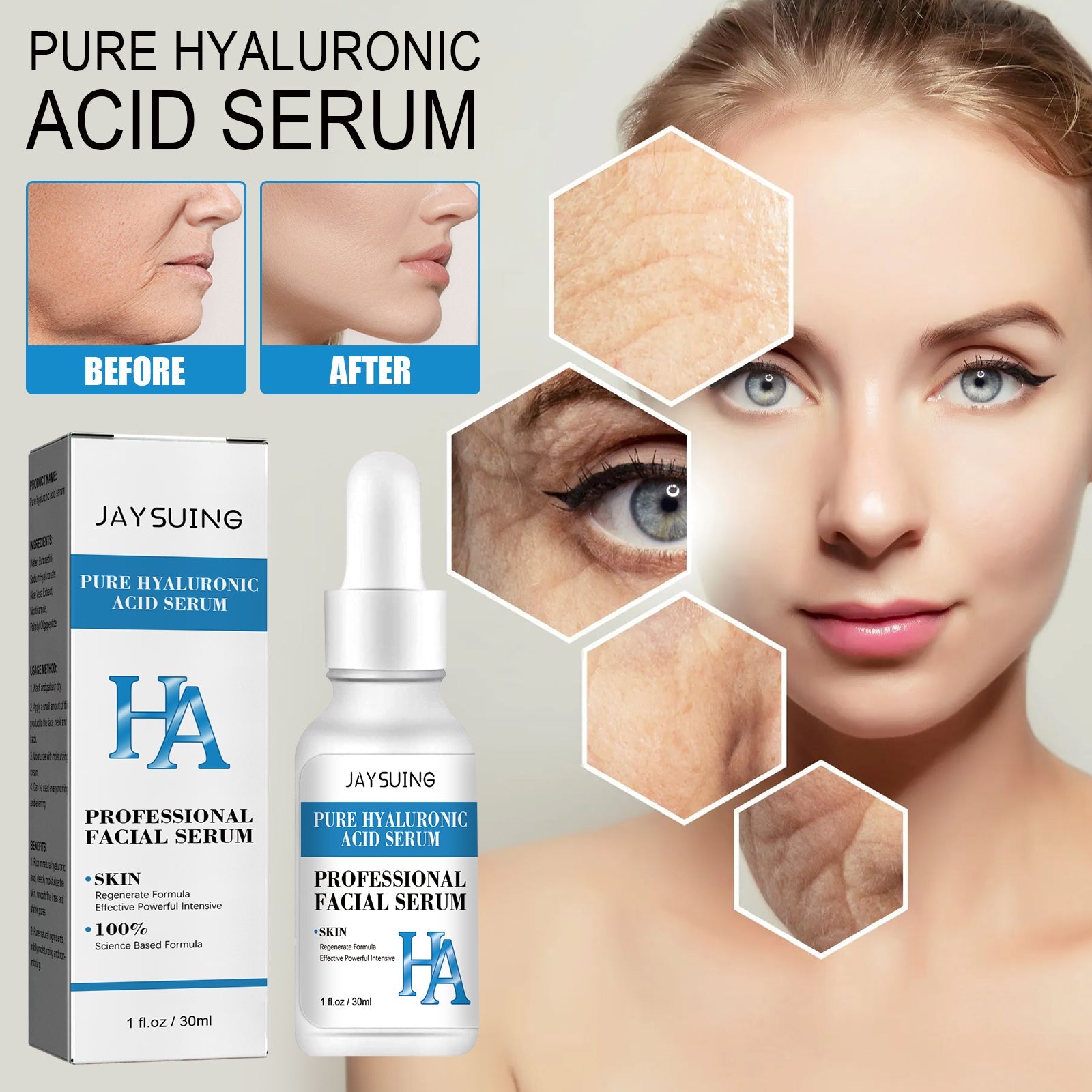 Jayswing Pure Hyaluronic Acid Facial Essence, Moisturizing Shrinking Pores Smoothing Fine Lines Essence