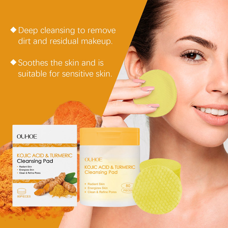 OUHOE Kojic Acid Turmeric Cleansing Pad Gentle Facial Cleanser Without Irritating Fine Pores Skin Care Pad