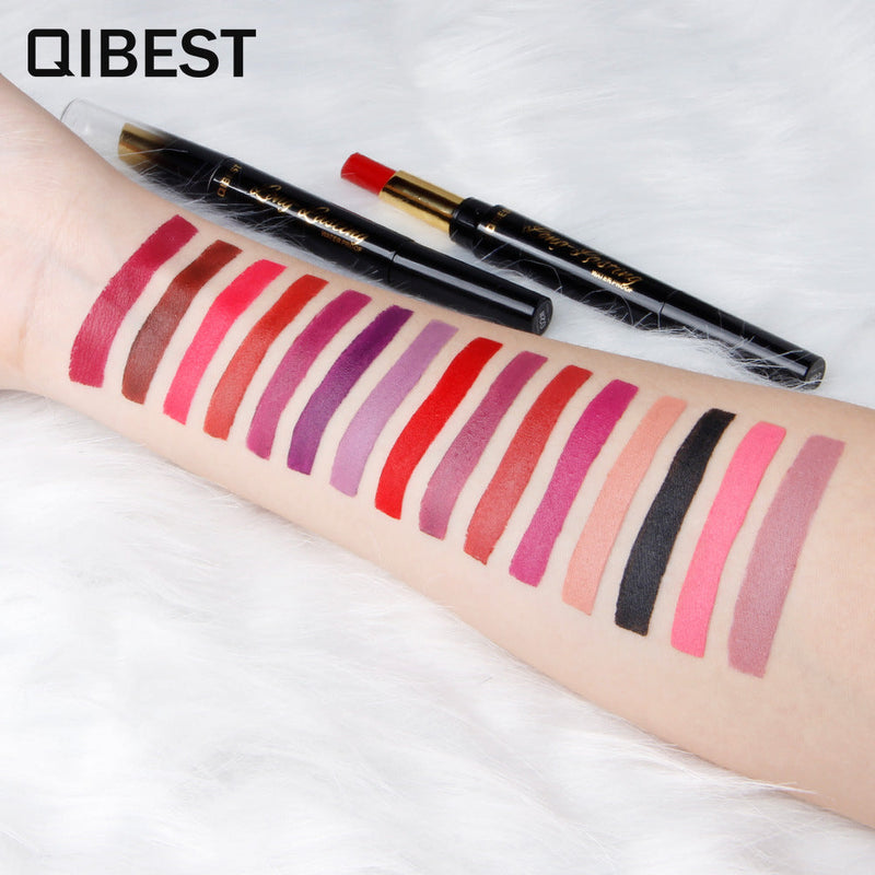 QIBEST Double-Ended Lipstick Pen Moisturizing Matte Matte Lipstick + Lip Liner Rotating Lip Liner