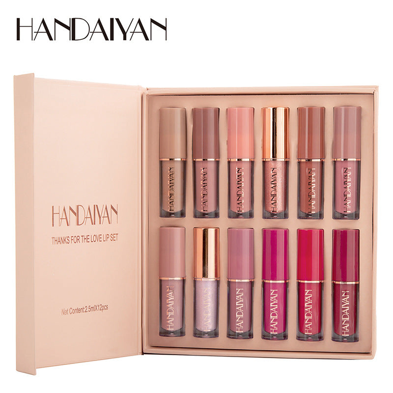 HANDAIYAN 12 Color Book Lip Gloss Set Liquid Lipstick Set Matte Pearlescent Non-Stick Cup Lip Glaze