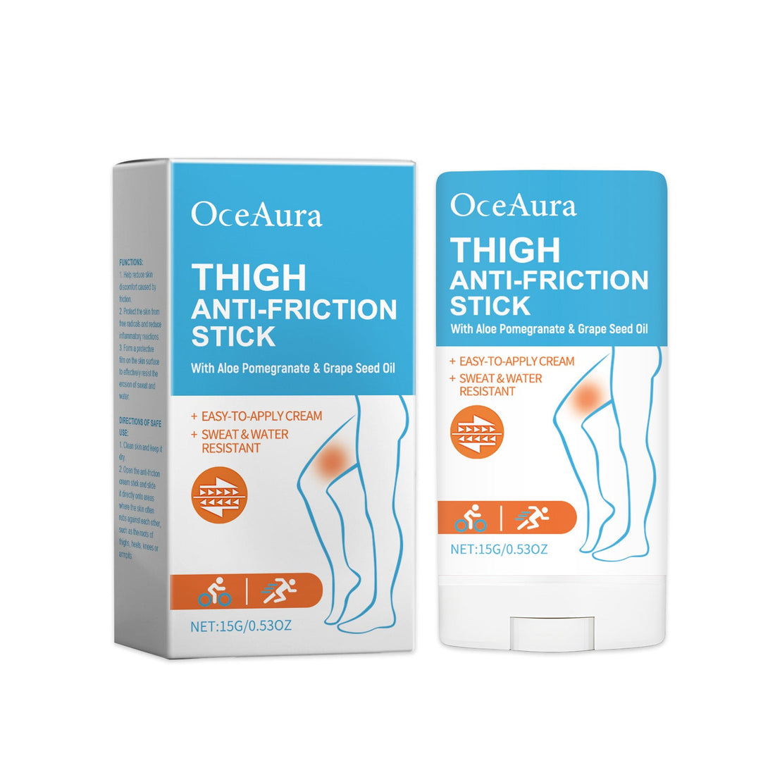 OceAura Thigh Anti-Chafing Stick with Aloe, Pomegranate & Grape Seed Oil - Anti-Friction Balm, Sweat & Water Resistant, 15g