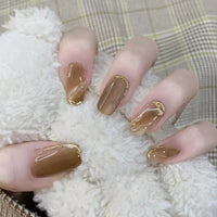 Wearing Warm Brown Brown White Double Spell Smudged Golden Texture Ins Style Manicure Patch The Finished Product Is Removable