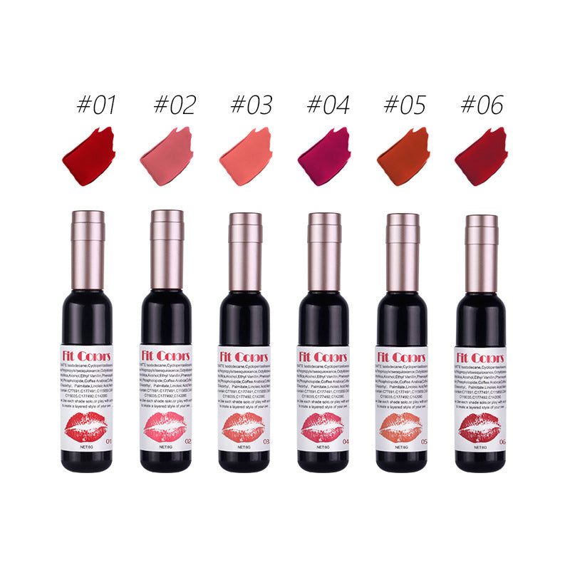 Fit Colors Red Wine Bottle Non Stick Cup Matte Lip Gloss Fog Face Velvet Lip Gloss Liquid Lipstick 6 Pcs Set