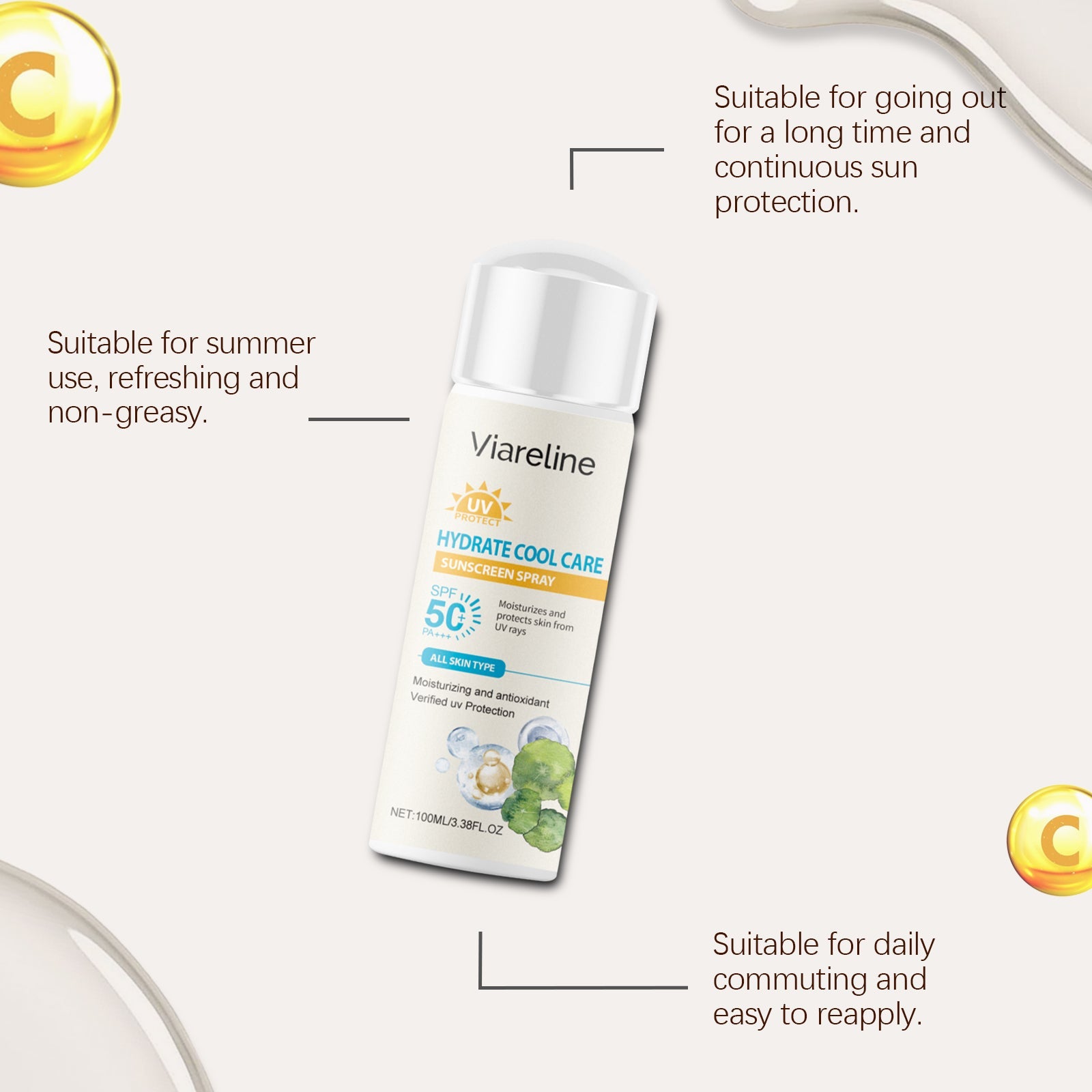 Viareline Refreshing Protection Spray Uv Refreshing Non-Greasy Moisture Lock Water Temperature And Face Protection