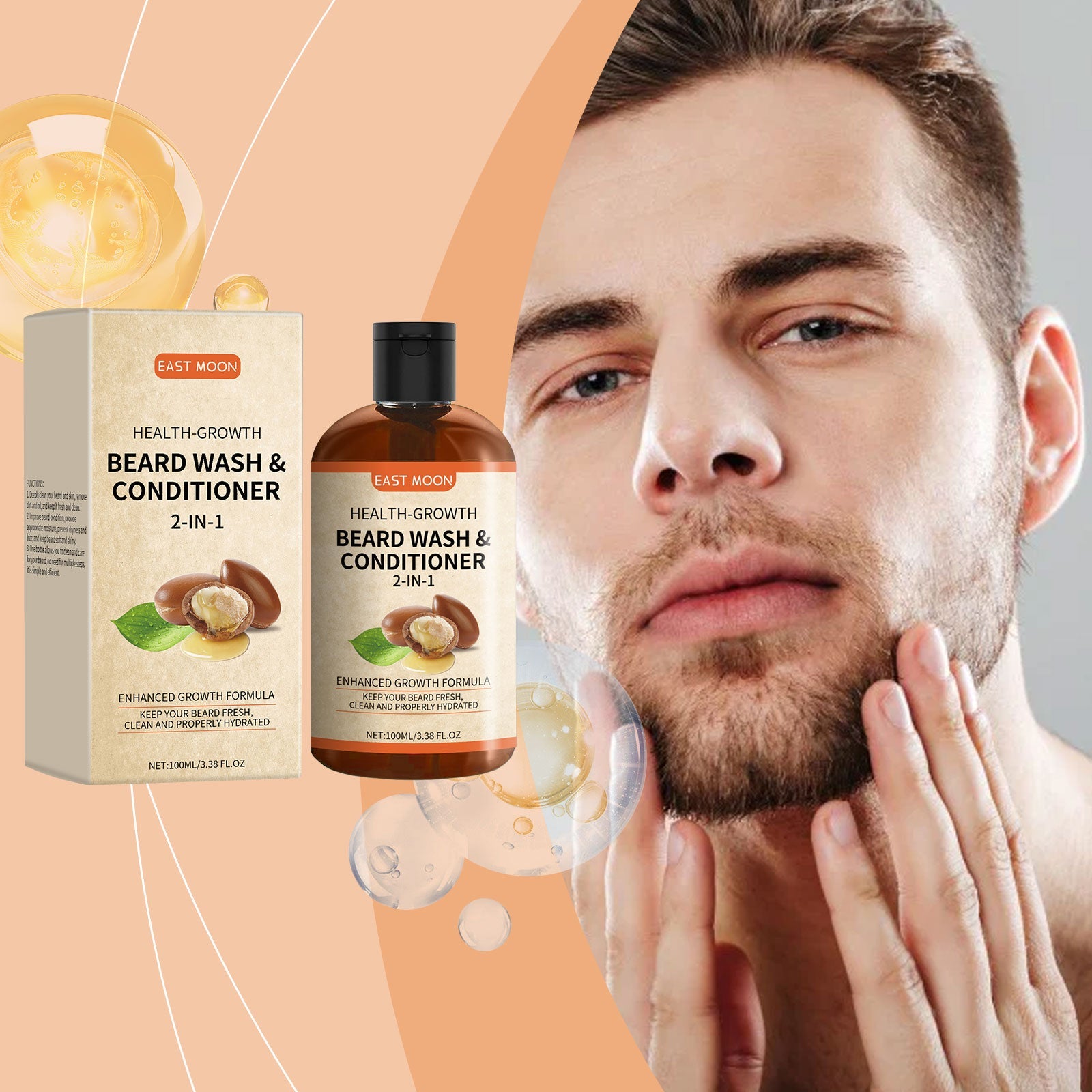 East Moon 2 In 1 Facial Hair Conditioner, Men's Facial Hair Gentle Cleaning Care Repair And Frizz Nourishing