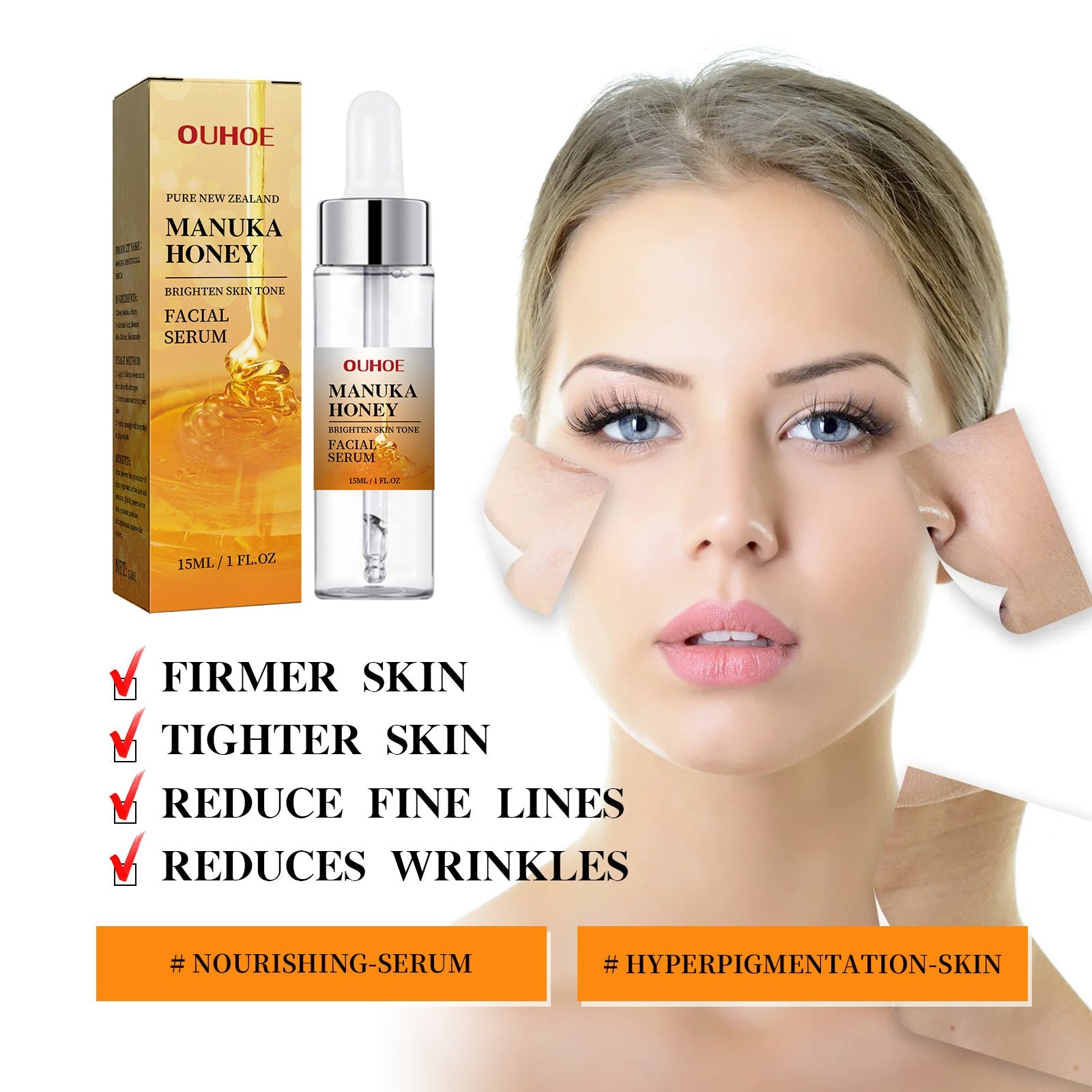 OUHOE Honey Brightening Face Essence, Firming Hydrating Brightening Repair Skin Care Essence