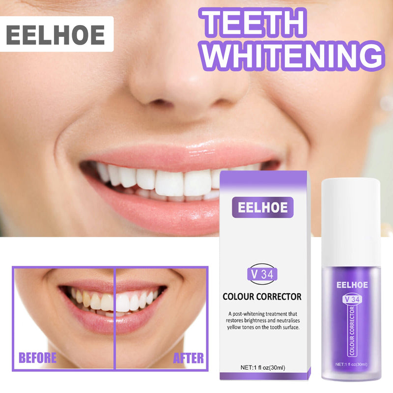 EELHOE V34 Colour Corrector, Mouth Shine White Clean Stains Shine White Teeth Purple Toothpaste
