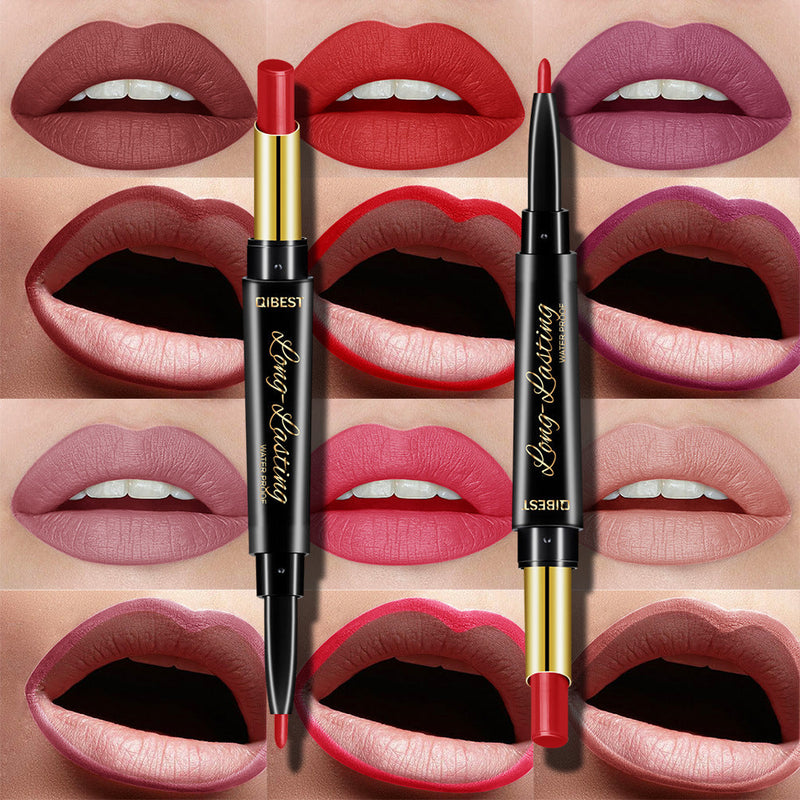 QIBEST Double-Ended Lipstick Pen Moisturizing Matte Matte Lipstick + Lip Liner Rotating Lip Liner