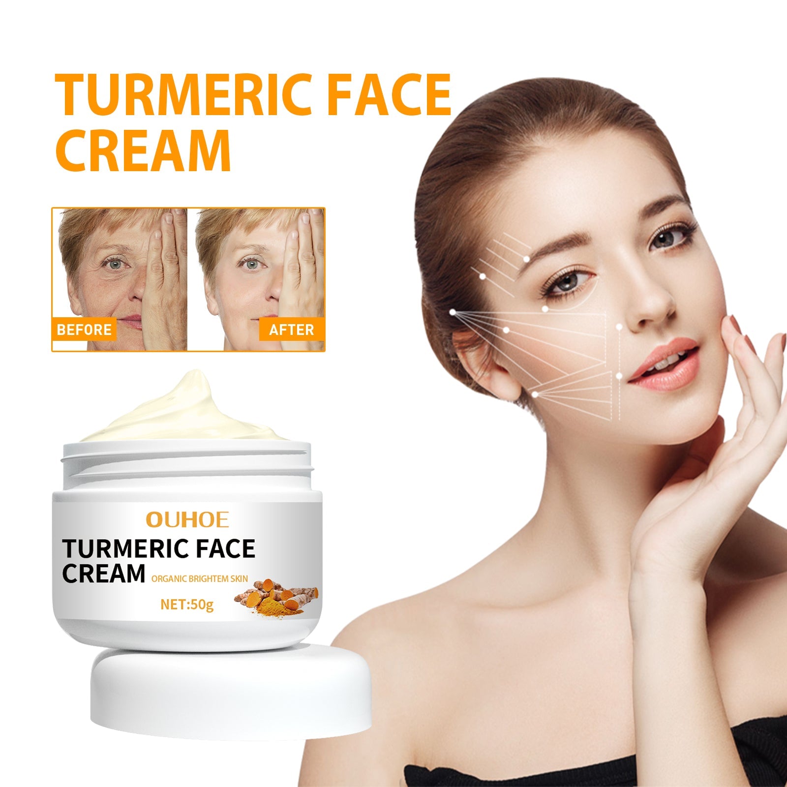 OUHOE Turmeric Face Cream, Reduces Fine Lines And Spots Moisturizes Anti Wrinkles Face Cream